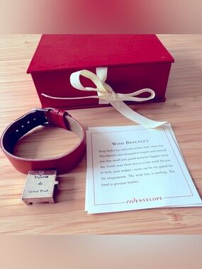 Vintage Red Envelope Sterling Silver .925 “Wish” Bracelet Red Leather OG Box Y2K